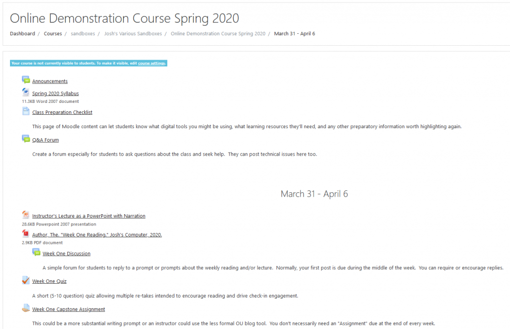 Screenshot of an overview of the Sample Moodle course, described below.