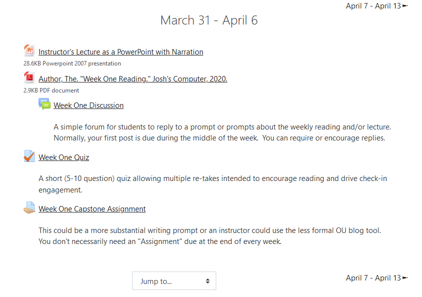 Screenshot of Demo Moodle Course week: March 31 - April 6, described below.