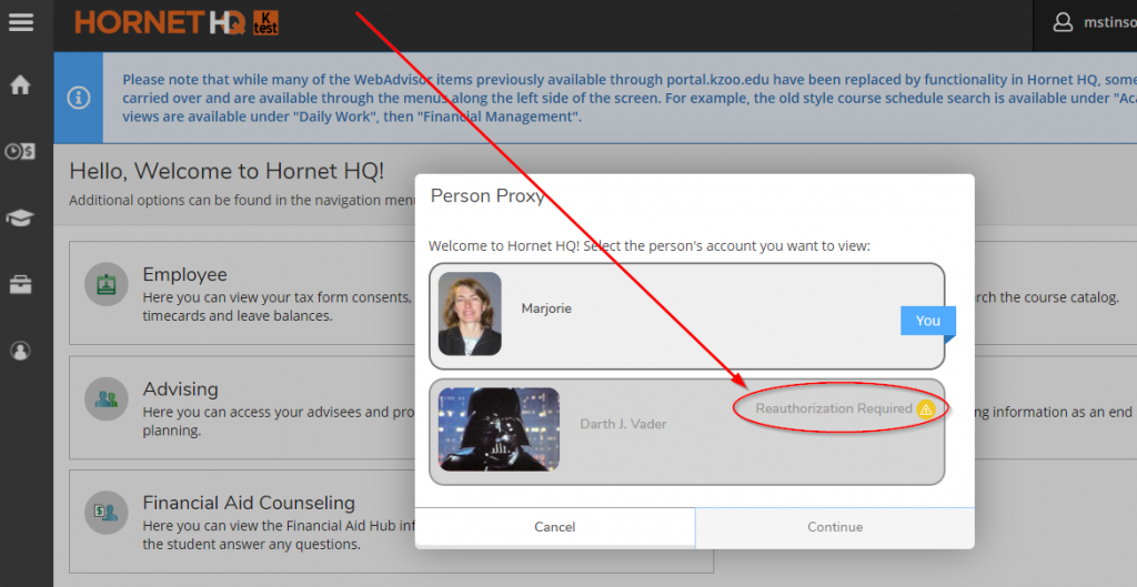 A Proxy's "Reauthorization Required" message that appears next to their student name when first logging into Hornet HQ. 