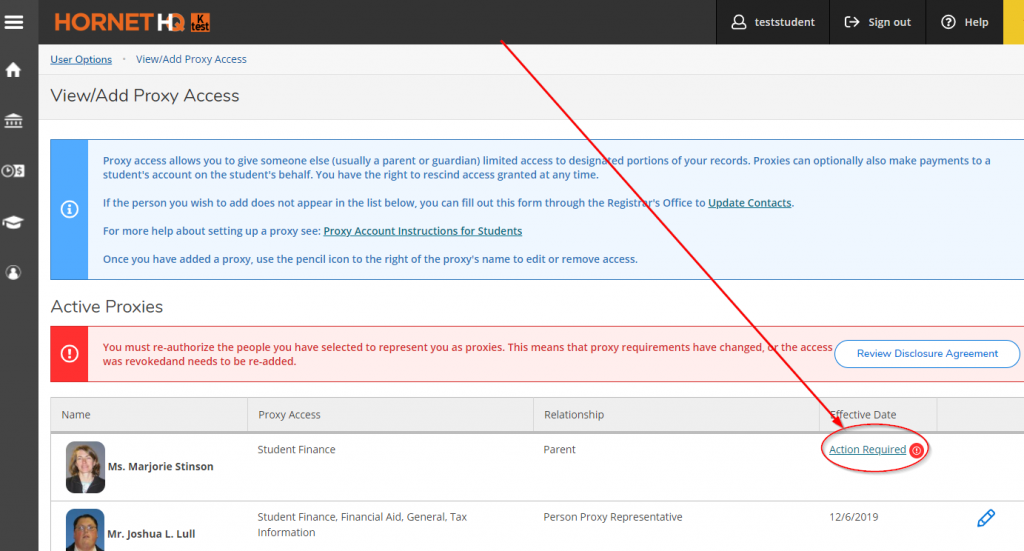 Step 4 in the Reauthorizing a Proxy process where the text "action required" appears under the Effective Date of the person that needs to be reauthorized. 