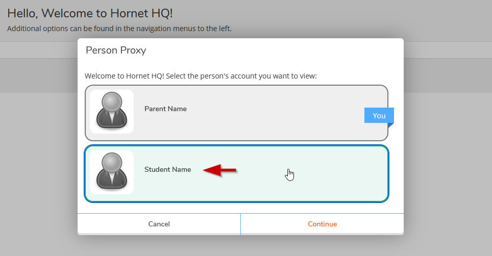 the "Student Name" option being selected in the Hornet HQ Person Proxy pop-up box.