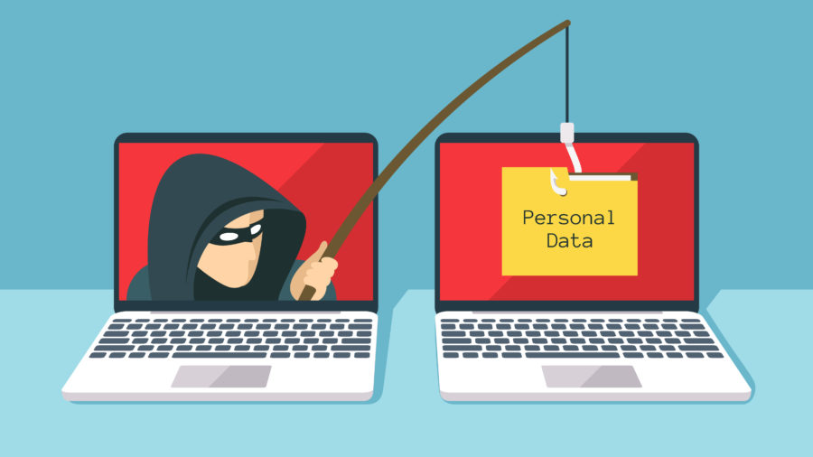 Phishing attacker taking personal data through a laptop.