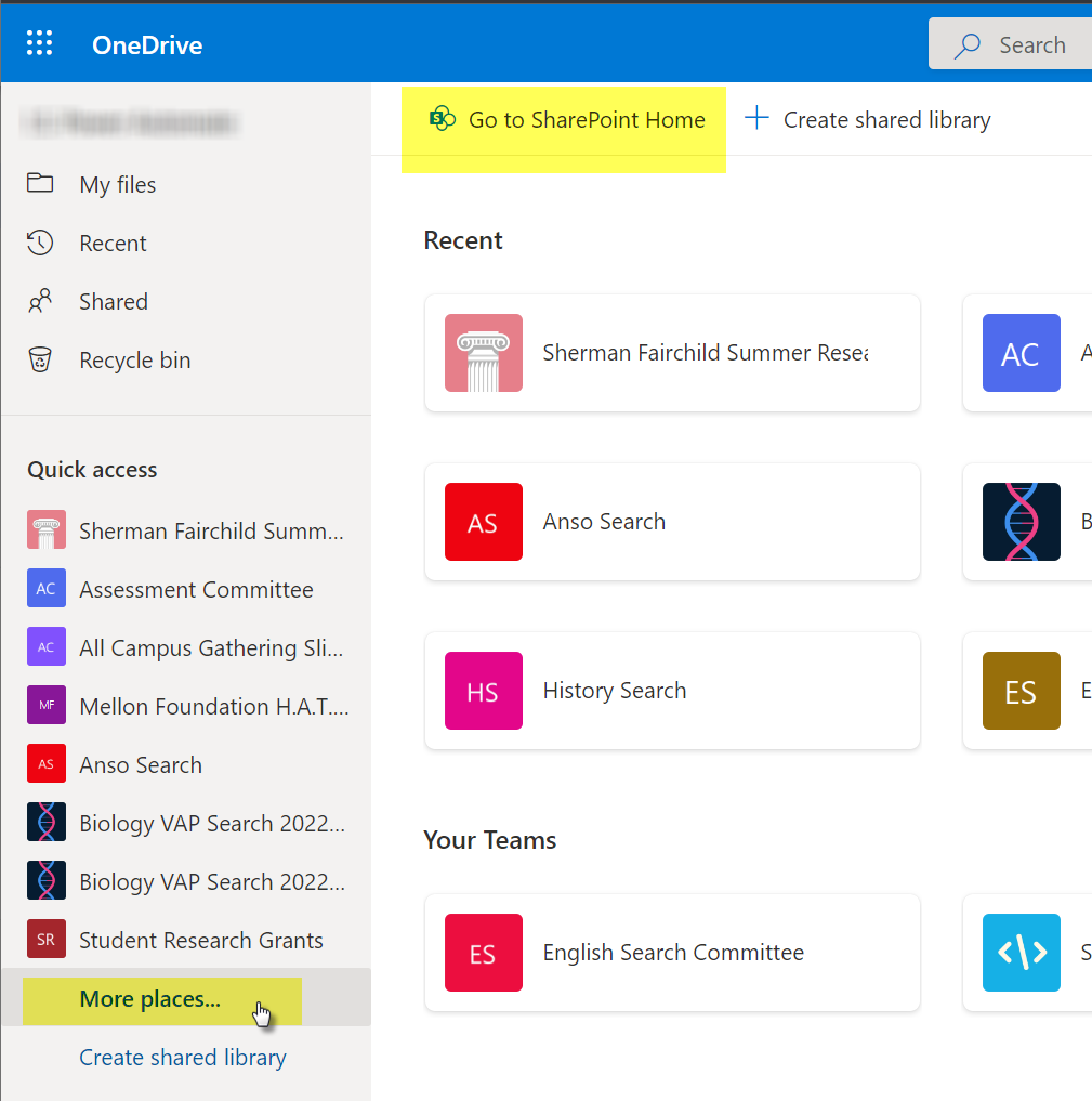 Screenshot of OneDrive with these items highlighted: More places and Go to SharePoint Home.