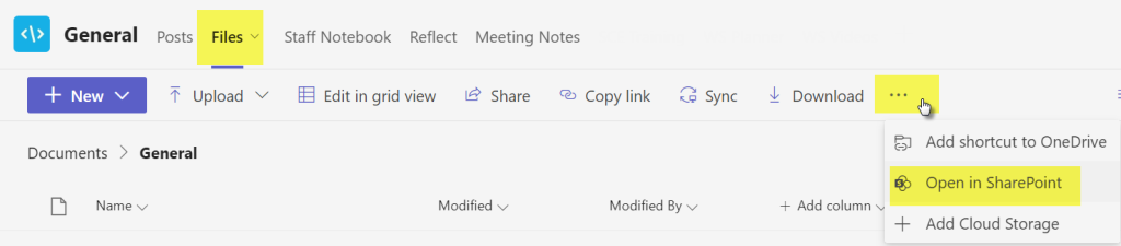 Screenshot of Team menus, highlighting  these items: Files, ellipsis, and Open in SharePoint.