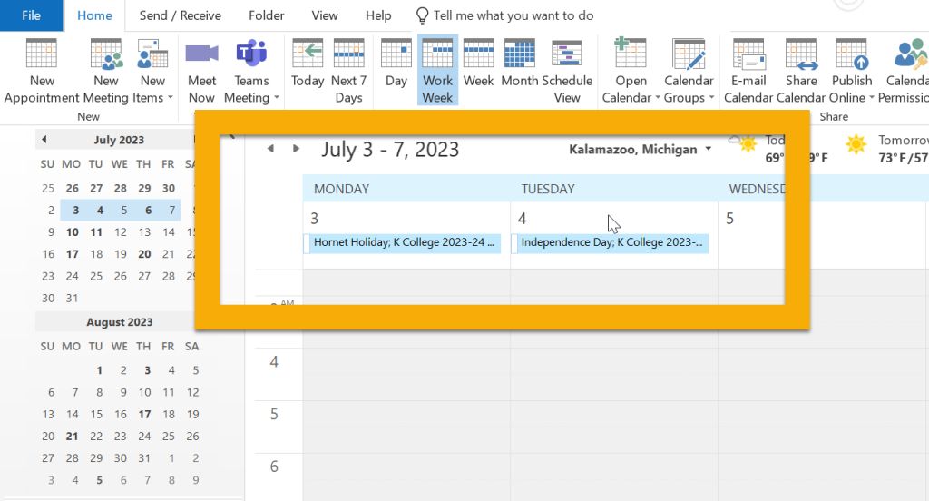 screenshot of imported K College Holiday calendar.