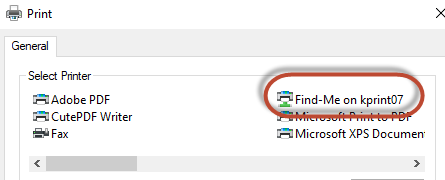 screenshot of a printer selection popup dialog. the FInd-Me on kprint07 queue is circled