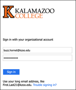 Kalamazoo College sign-in page screenshot, instructing the user to sign in with thei organizational account.