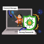an adorably illustrated Kalamazoo College knight serving as the password manager and a large shield representing strong passwords.