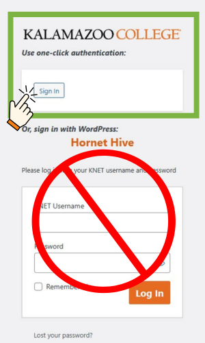 a screenshot emphasizing to use the "one-click authentication" sign in button and not the "sign in with WordPress" option.