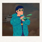cartoon cybercriminal "making it rain" with bills.